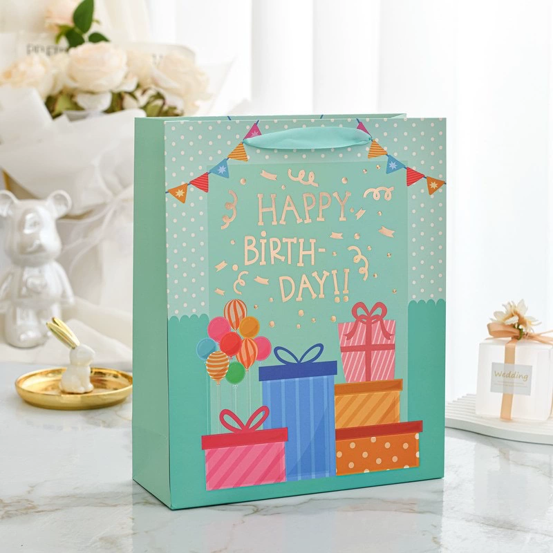 10040000701_1 Birthday Gift Bag Glitter Gold Foil Party Tote with Ribbon Handle Blue