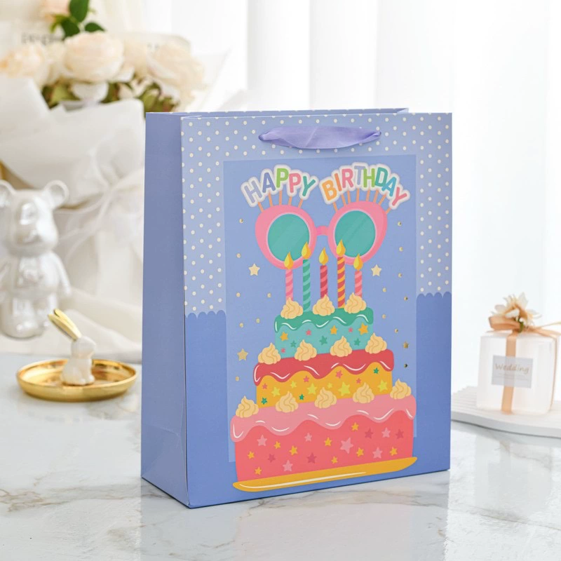 10040000901_1 Birthday Cake Gift Bag Glitter Gold Foil Party Tote with Ribbon Handle Purple