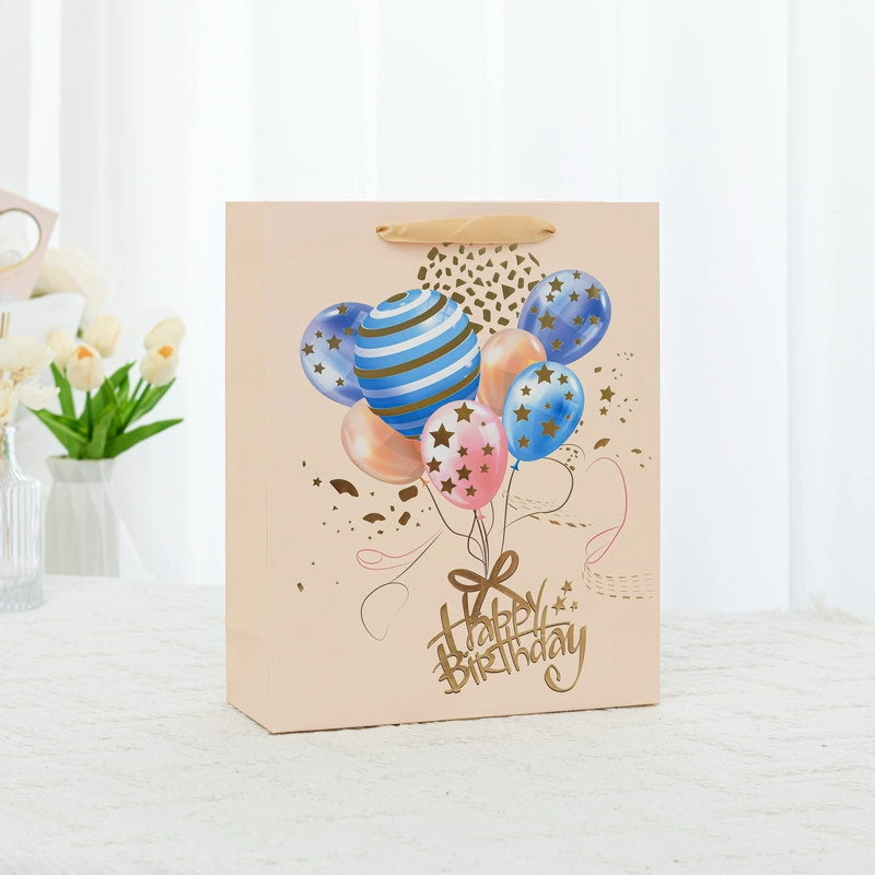 10040001001_1 Birthday Ballon Gift Bag Glitter Gold Foil Party Tote with Ribbon Handle Pink