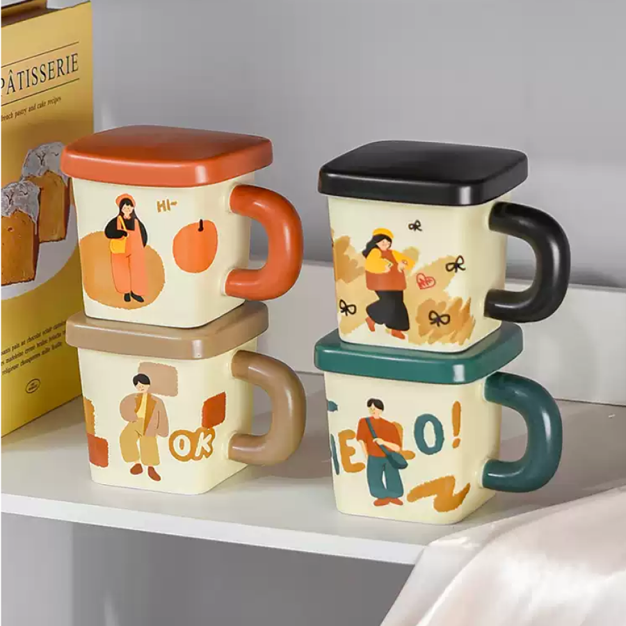20010000301_1 Illustrated Couple Ceramic Mug with Lid Minimalist Square Design