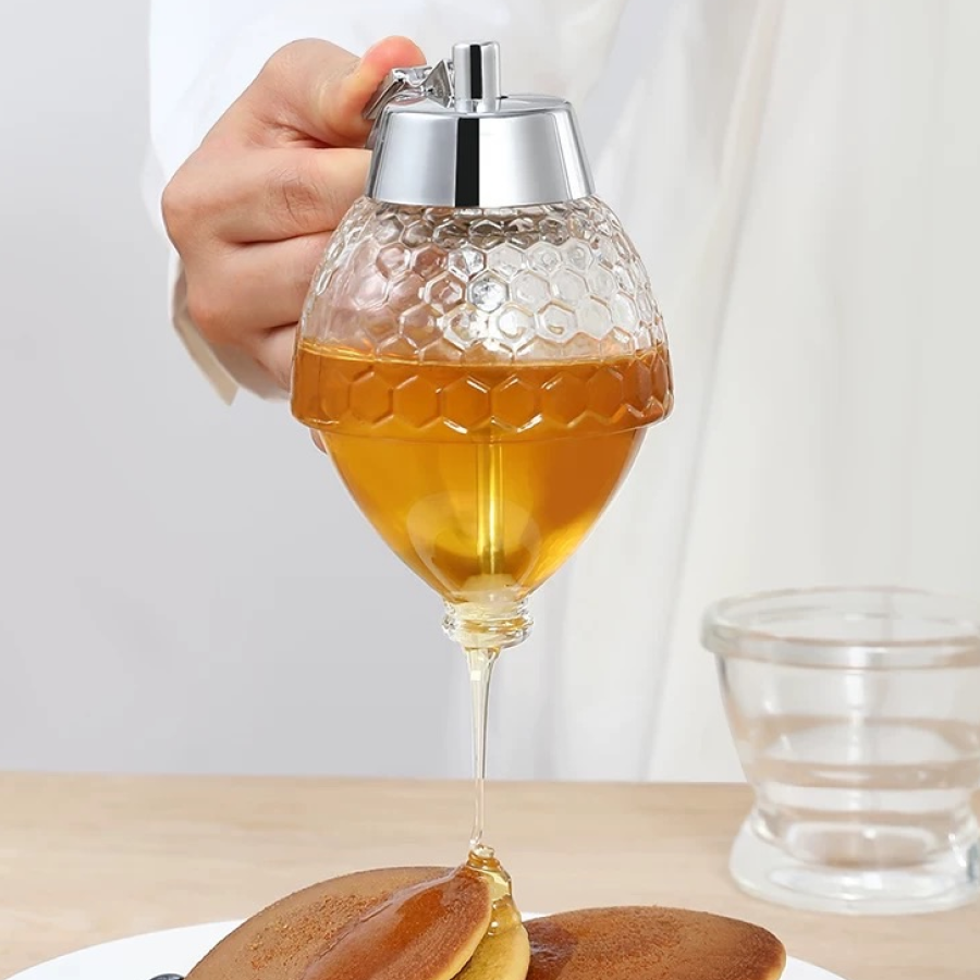 Creative Press Honey Dispenser Glass Syrup Bottle with Stand