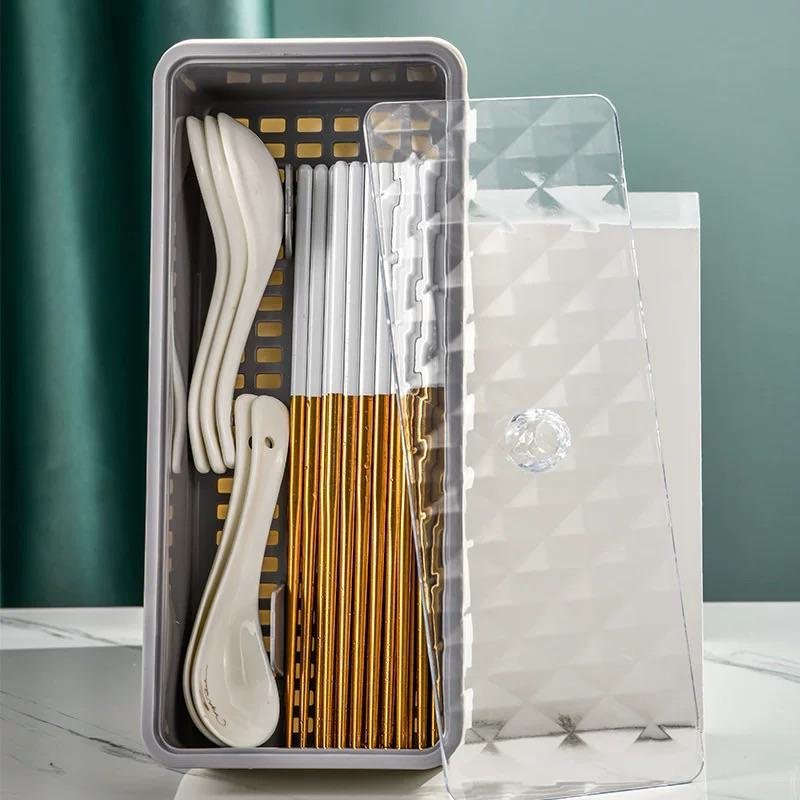 Double-Layer Utensil Holder with Lid Chopsticks Drain Storage Box