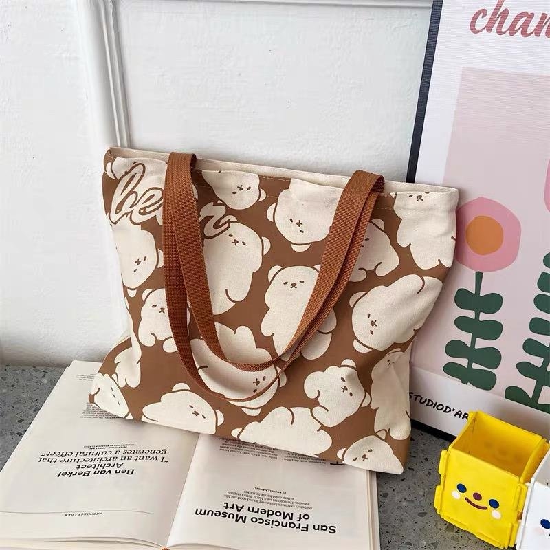 Cute Bear Print Large Capacity Canvas Tote Bag