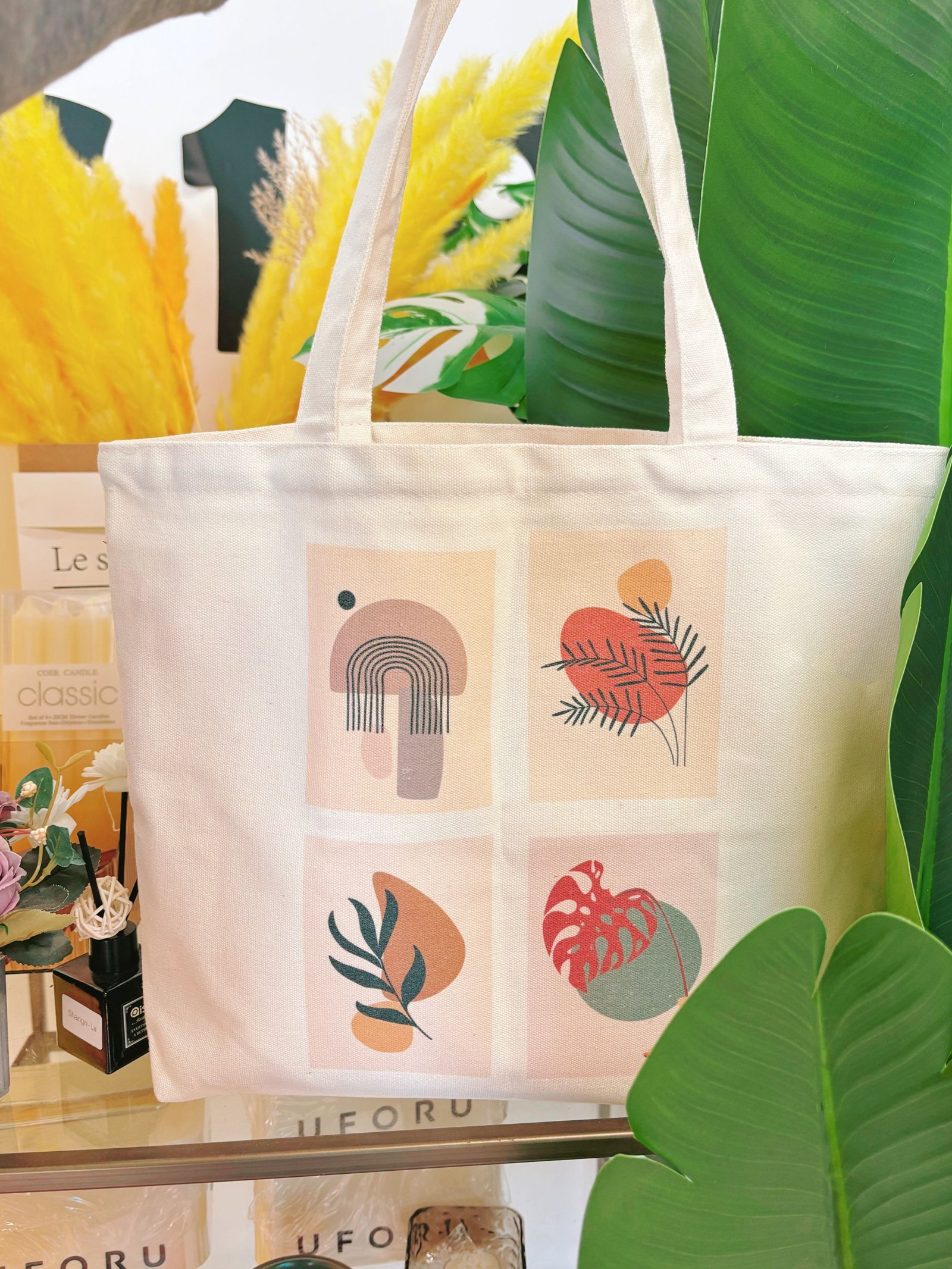 Abstract Botanical Print Large Capacity Canvas Tote Bag