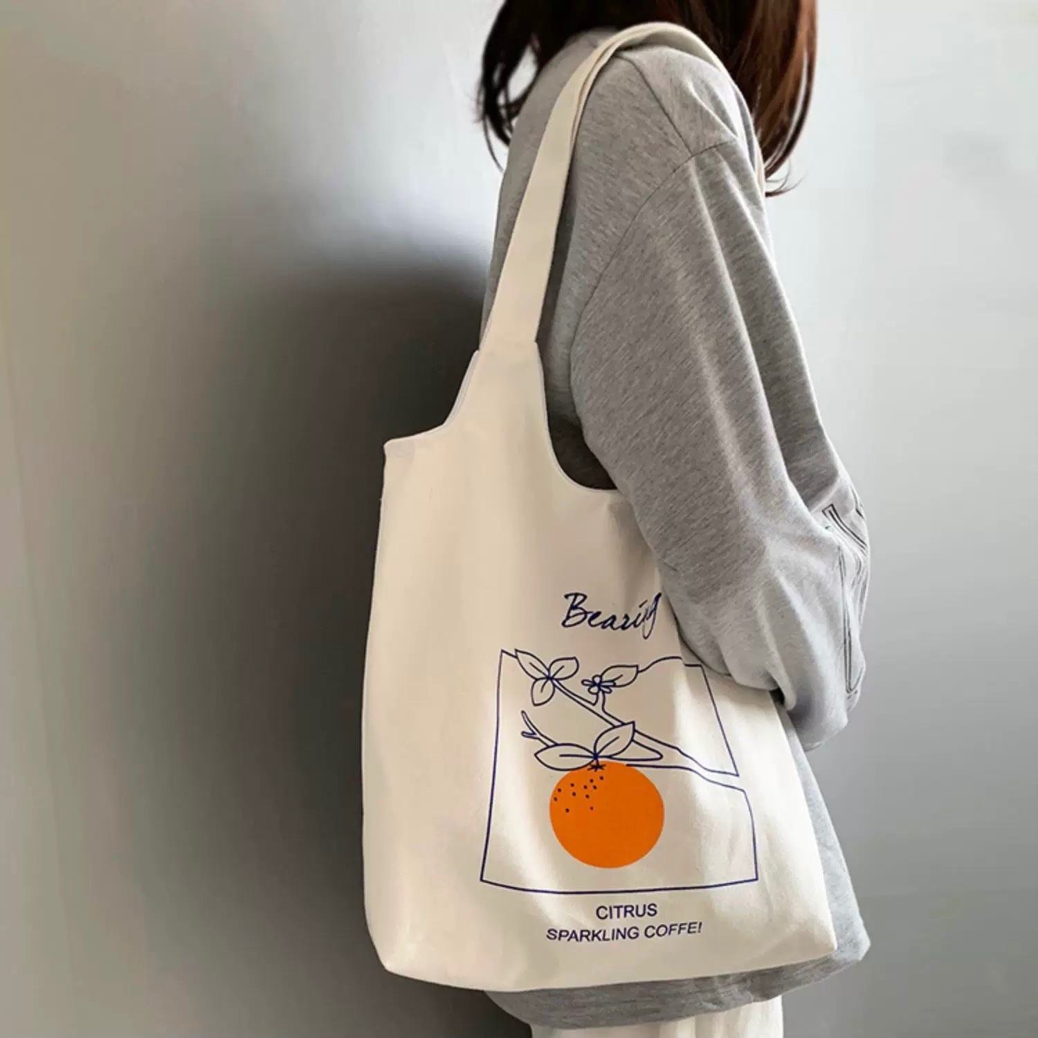 Orange Tree Printed Tote Bag with Zipper & Coin Pocket