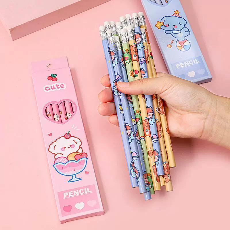 Cute Pet Pencil Set 6-Pack with Eraser Kids Writing Exam Pencils