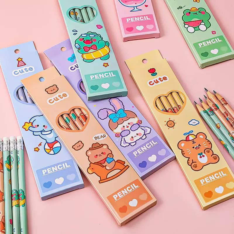 60010000501_2 Cute Pet Pencil Set 6-Pack with Eraser Kids Writing Exam Pencils