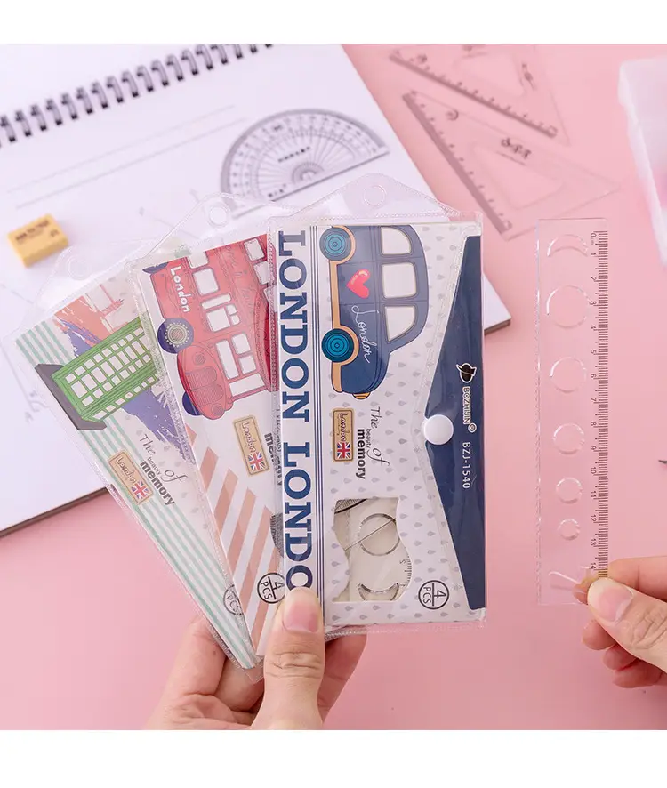 60050000101_5 4-in-1 Transparent Plastic Geometry Ruler Set 20cm