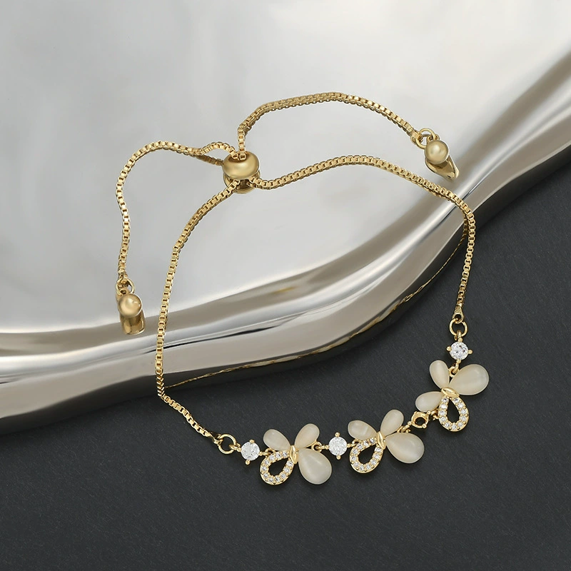 Cat Eye Stone Flower Adjustable Pull Chain Bracelet