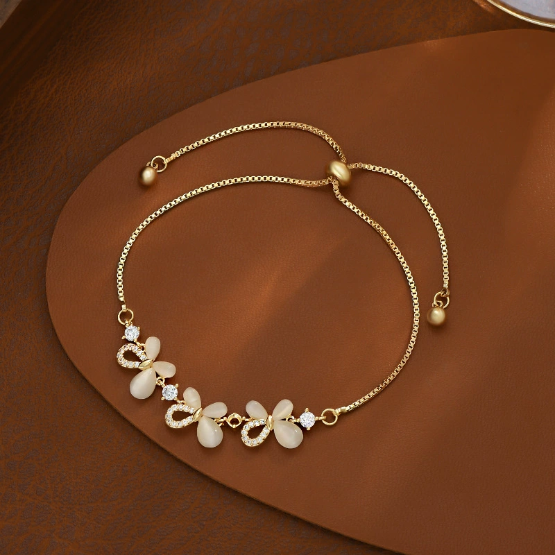 Cat Eye Stone Flower Adjustable Pull Chain Bracelet