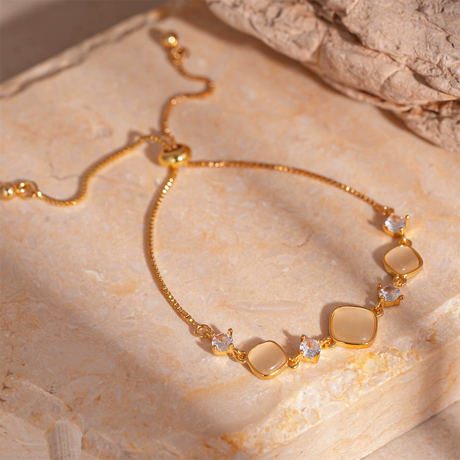 Retro Square Cat‘s Eye Opal & Zircon Slider Bracelet