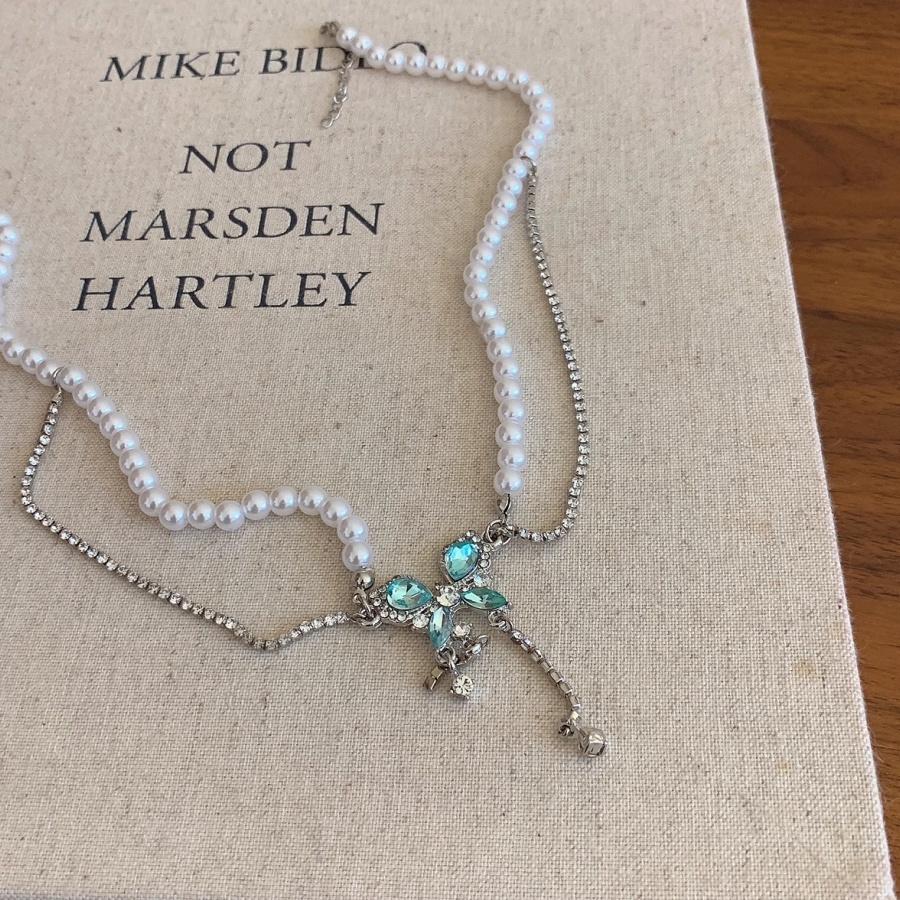 Blue Butterfly Crystals Vintage  Double-Layer Tassel Choker Necklace