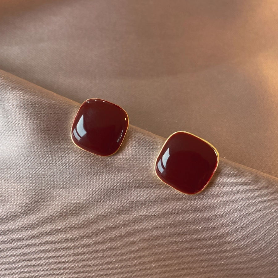 70040000501_2 Burgundy Square Stud Earrings S925 Silver Pin