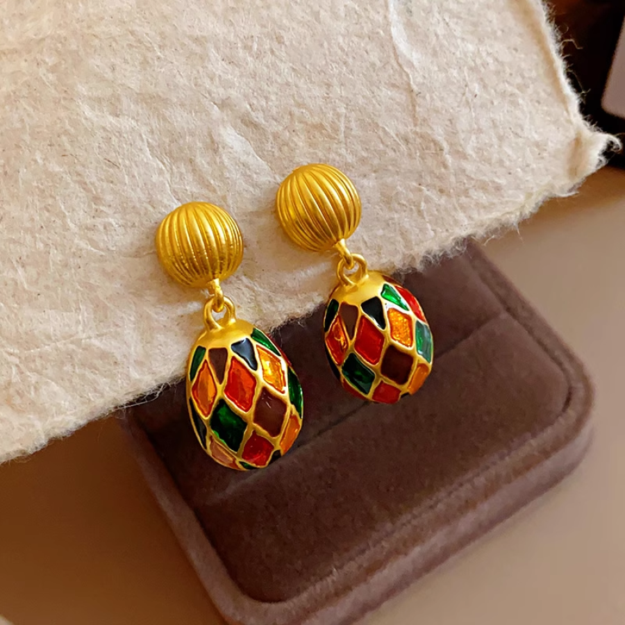 70040000901_1 Silver Pin Oval Drop-Enamel Geometric Earrings