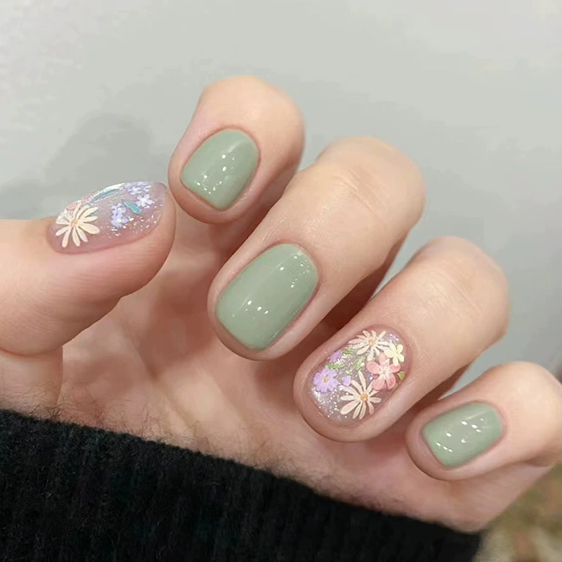 80040000701_3 Green Floral Press-On Nails 24pcs