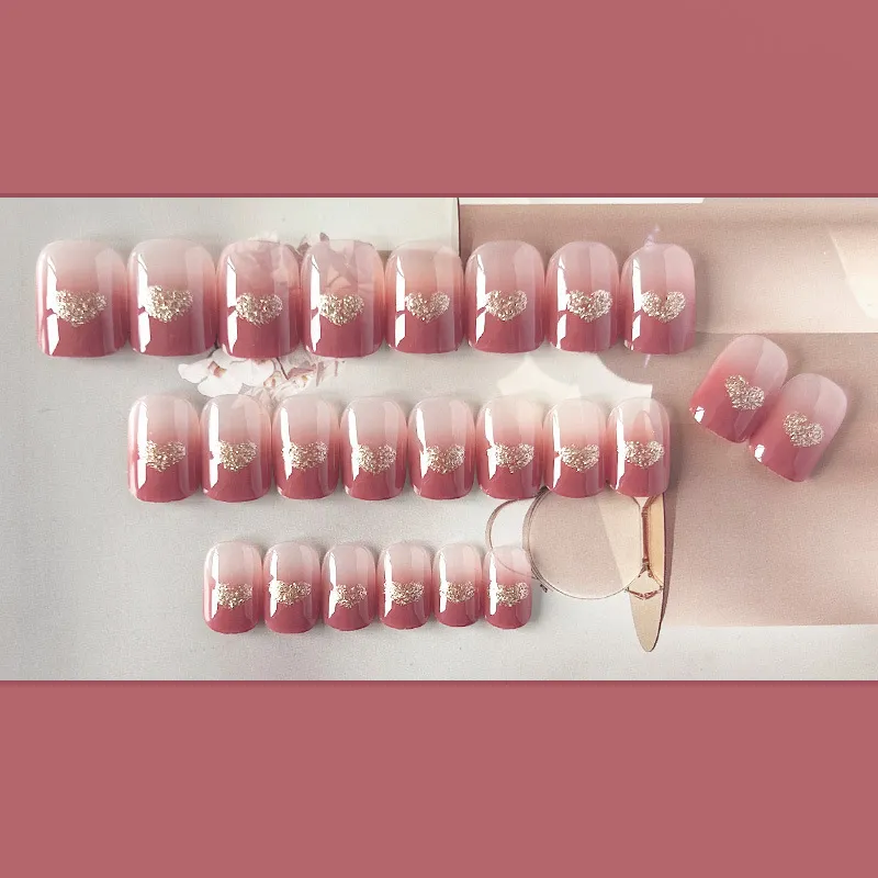 Cinnamon Pink Gradient Glitter Heart Press-On Nails