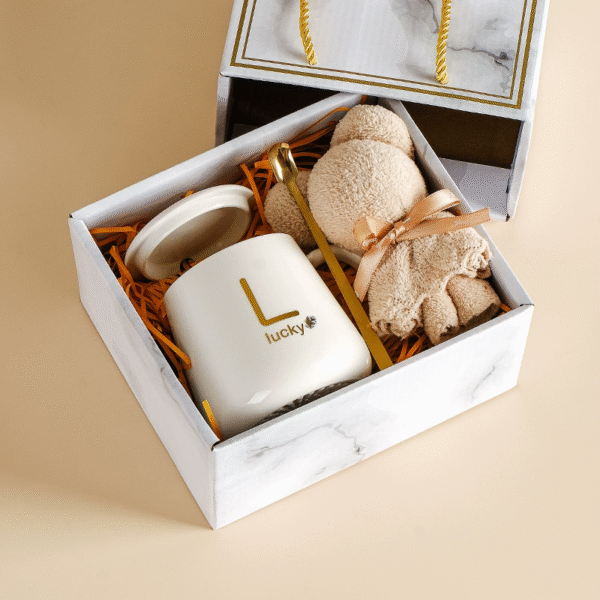 20010000801_7-1.png Lucky Letter Ceramic Mug Gift Set With Lid, Spoon & Towel