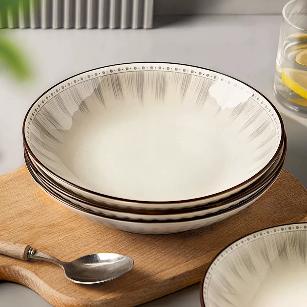 Japanese Minimalist Blue Stripe Deep Plate 8-Inch Serving Dish