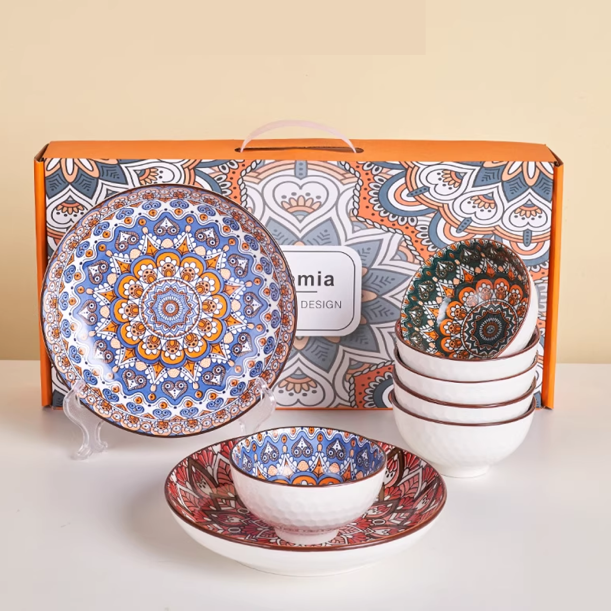 Bohemian Style Geometric Print Ceramic Dinnerware Set - Image 5