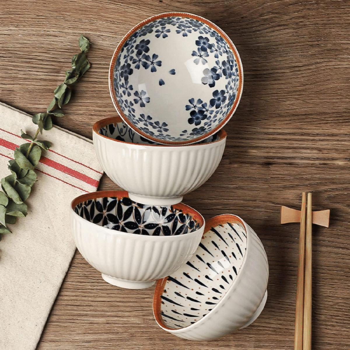 Japanese Style Ceramic Bowl Set Porcelain Dinnerware 4-piece - Image 3