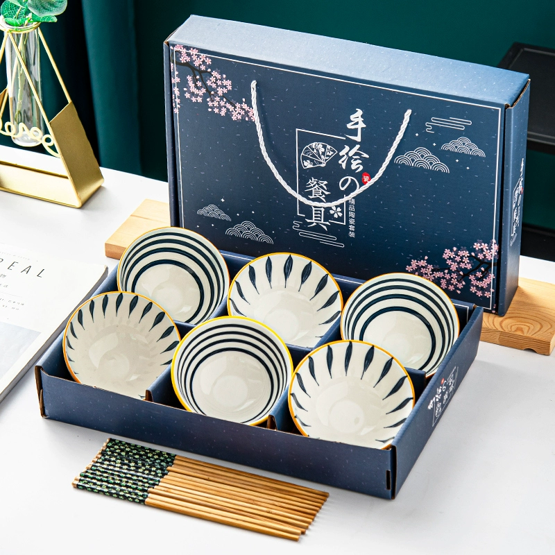 Japanese Style Hand-Painted Ceramic Bowl Set 6-piece