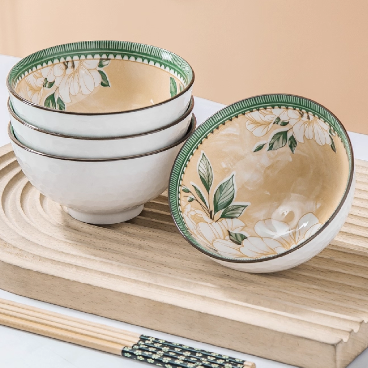 Elegant Retro Chinese Style Camellia Bowl & Chopstick Set (6 Bowls) - Image 2