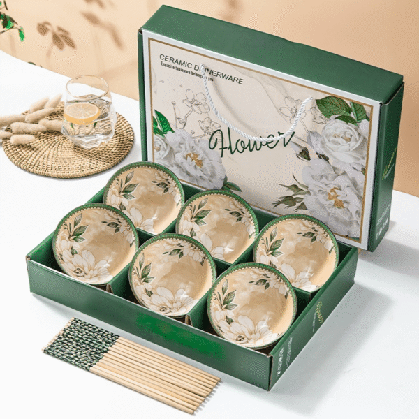 Elegant Retro Chinese Style Camellia Bowl & Chopstick Set (6 Bowls)