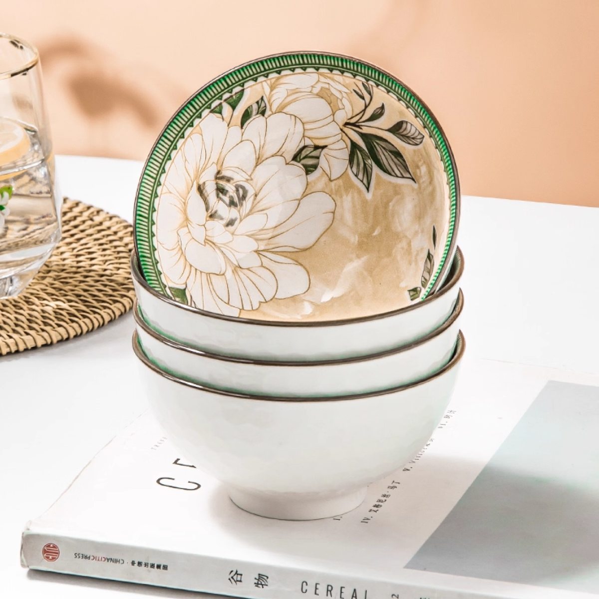 Elegant Retro Chinese Style Camellia Bowl & Chopstick Set (6 Bowls) - Image 3