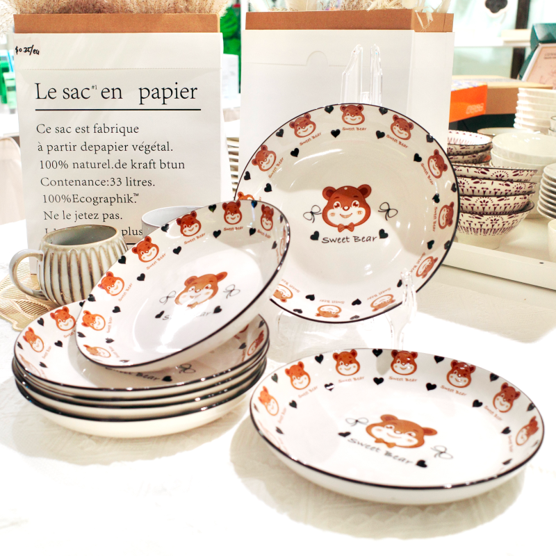 Cute Bear Illustration 8-Inch Plate Ceramic Pasta Bowl - Image 4
