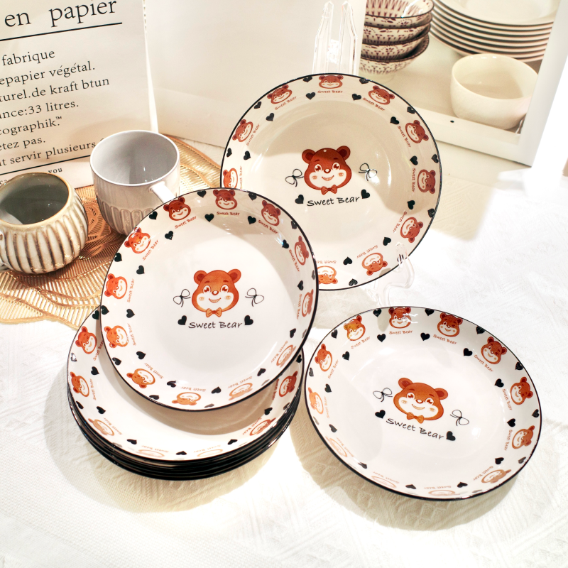 Cute Bear Illustration 8-Inch Plate Ceramic Pasta Bowl - Image 3