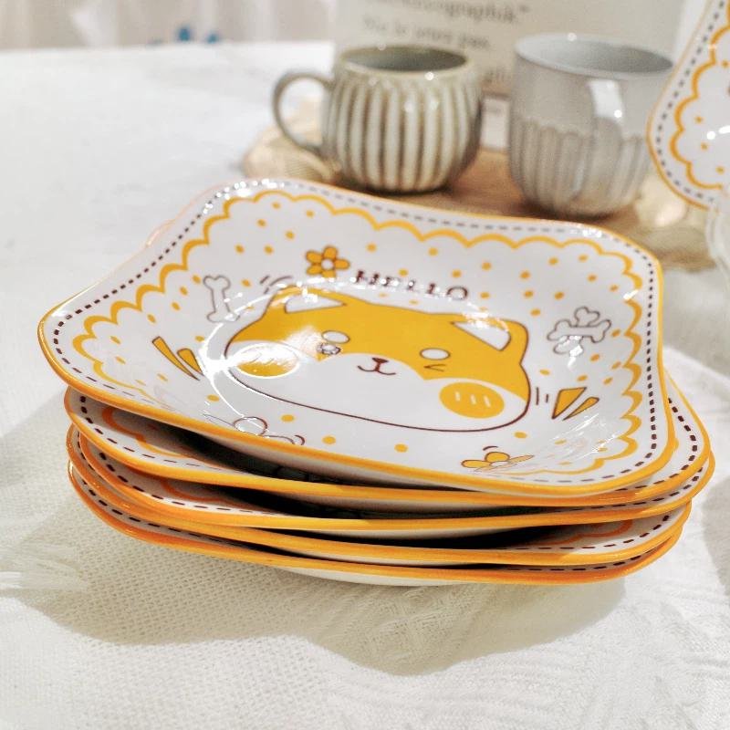 7-Inch Cute Shiba Inu Square Plate Orange Cartoon Dog Ceramic Dish - Image 3