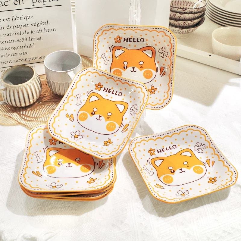 7-Inch Cute Shiba Inu Square Plate Orange Cartoon Dog Ceramic Dish - Image 2