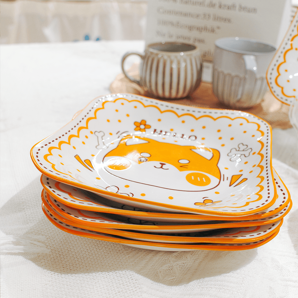 7-Inch Cute Shiba Inu Square Plate Orange Cartoon Dog Ceramic Dish