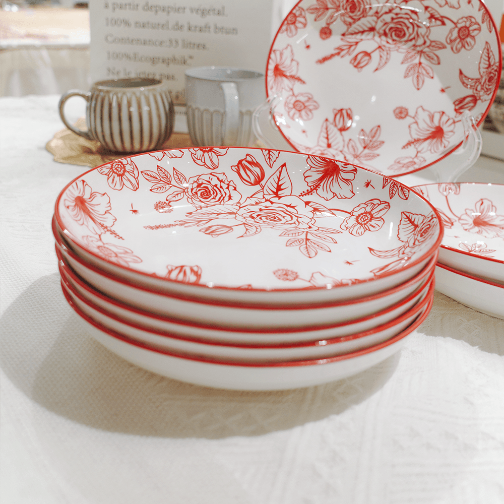 8-Inch Vintage Camellia Deep Plate Red Floral Ceramic Pasta Bowl - Image 5
