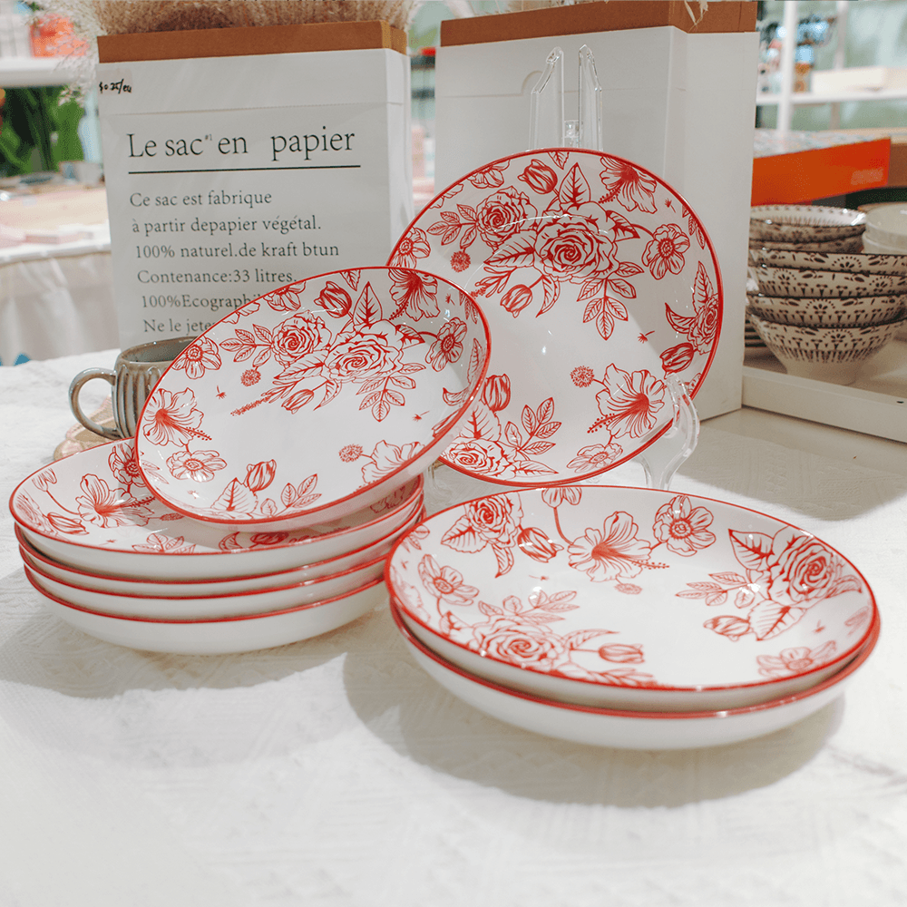 8-Inch Vintage Camellia Deep Plate Red Floral Ceramic Pasta Bowl - Image 4