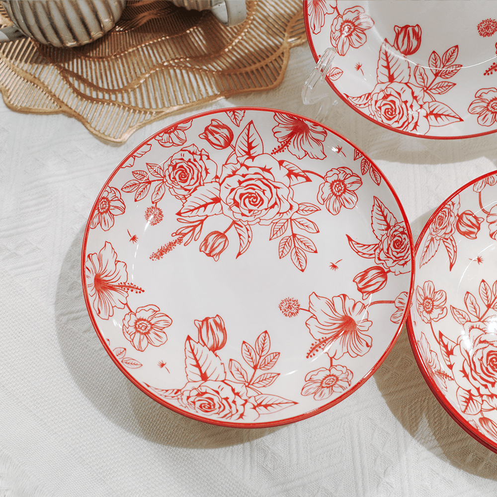 8-Inch Vintage Camellia Deep Plate Red Floral Ceramic Pasta Bowl - Image 2