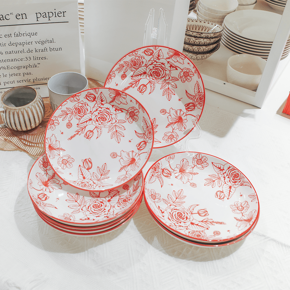 8-Inch Vintage Camellia Deep Plate Red Floral Ceramic Pasta Bowl - Image 3
