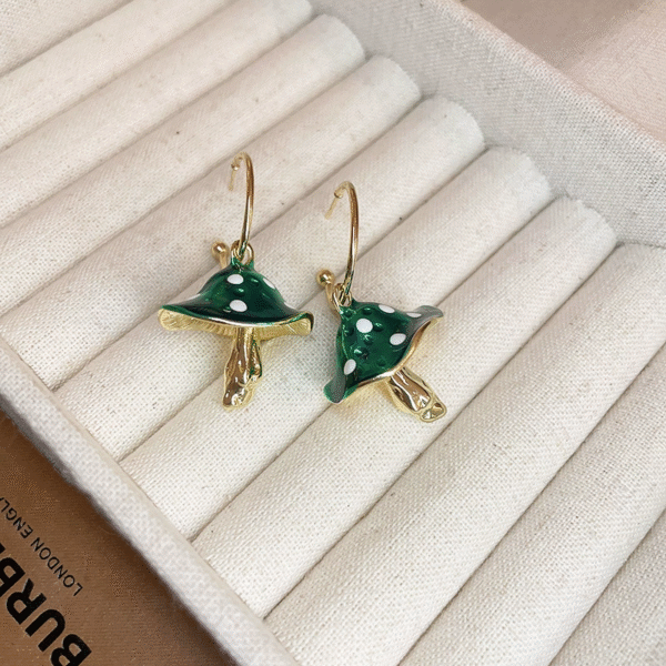70040001101_1-1.png Green Mushroom Gold Hoop Earrings Cute Cottagecore Forest Jewelry