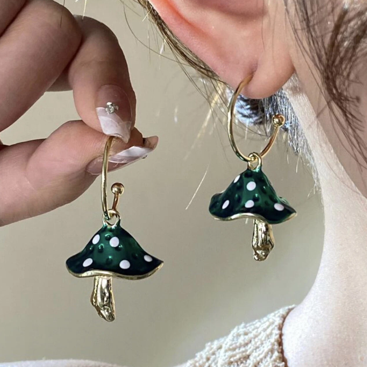 Green Mushroom Gold Hoop Earrings Cute Cottagecore Forest Jewelry - Image 3