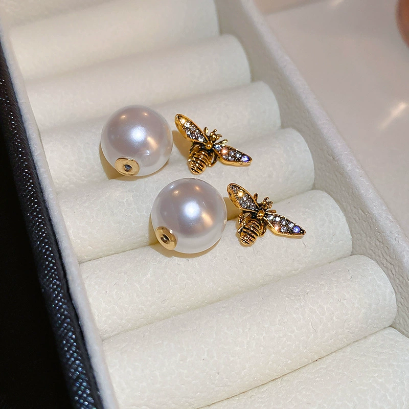 Reversible Bee Pearl Earrings Two-Way Vintage Rhinestones Studs