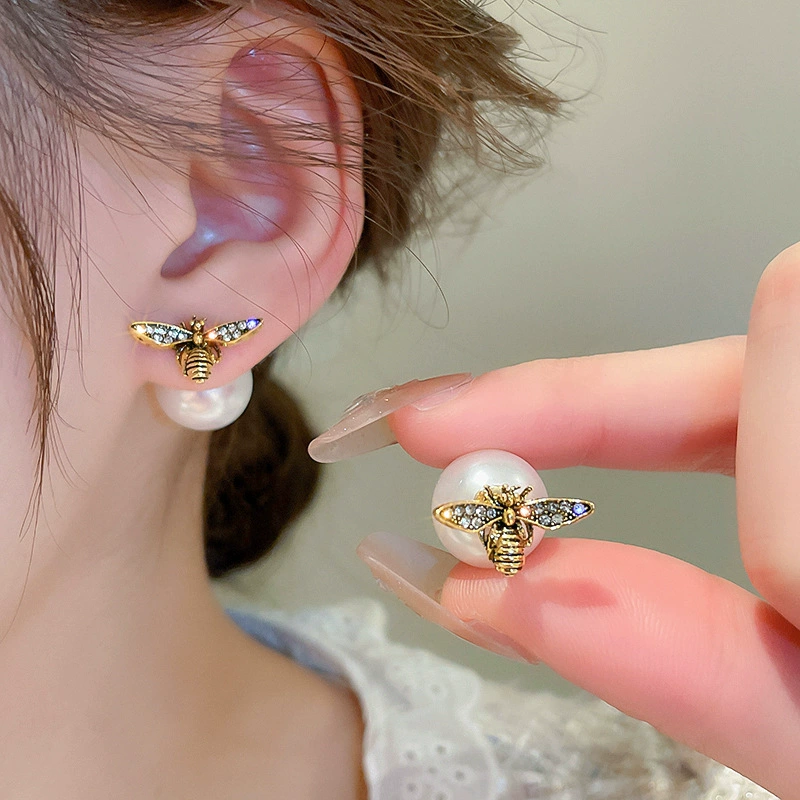 Reversible Bee Pearl Earrings Two-Way Vintage Rhinestones Studs - Image 3