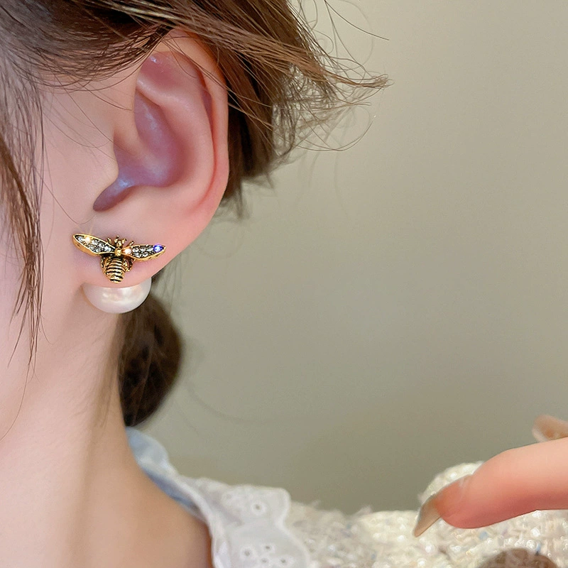 Reversible Bee Pearl Earrings Two-Way Vintage Rhinestones Studs - Image 4