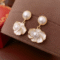 70040001501_1-1.png Vintage Gold-Trim Camellia Pearl Dangle Earrings