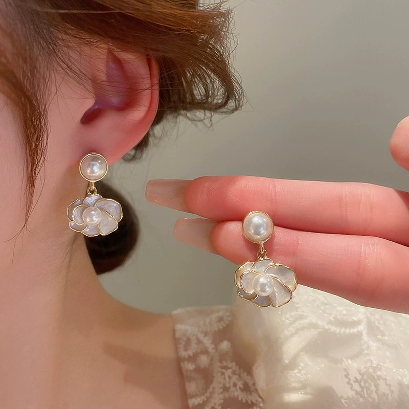Vintage Gold-Trim Camellia Pearl Dangle Earrings - Image 3