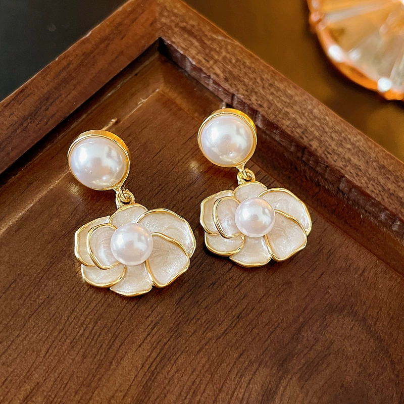 Vintage Gold-Trim Camellia Pearl Dangle Earrings - Image 4