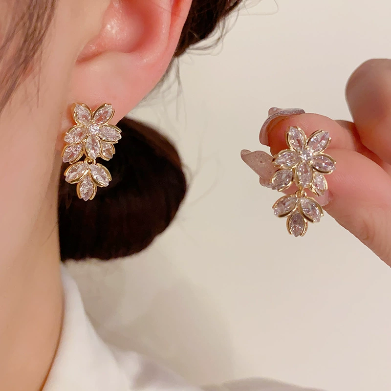 Sparkling Zirconia Cherry Blossom Dangle Earrings - Image 3