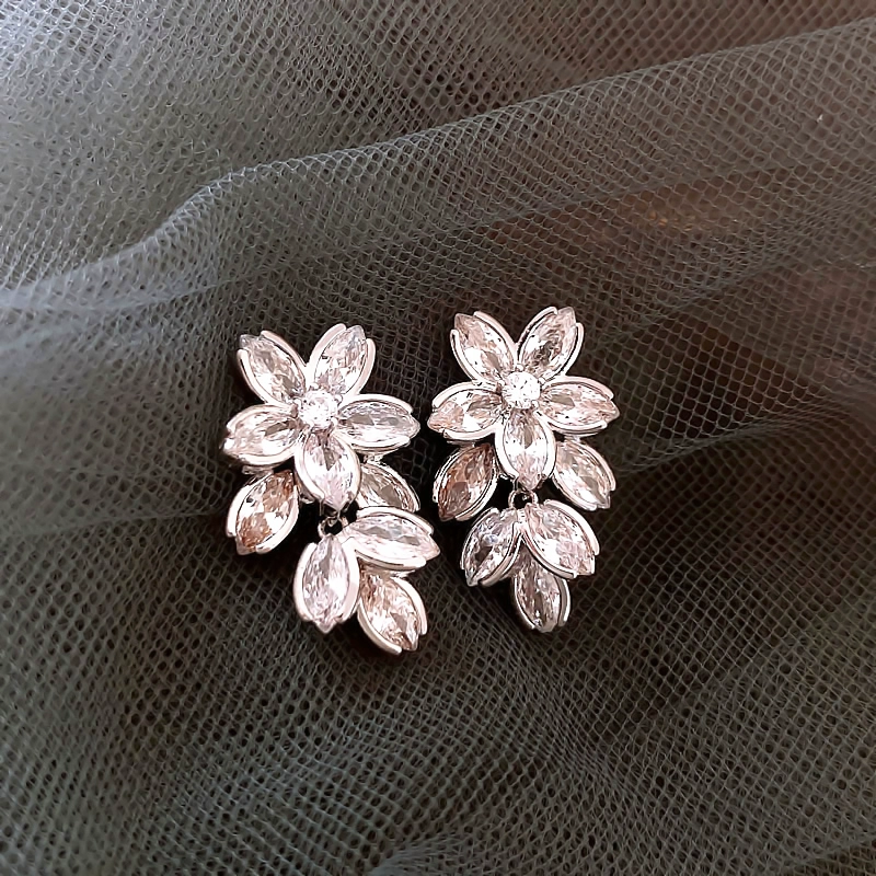 Sparkling Zirconia Cherry Blossom Dangle Earrings - Image 2