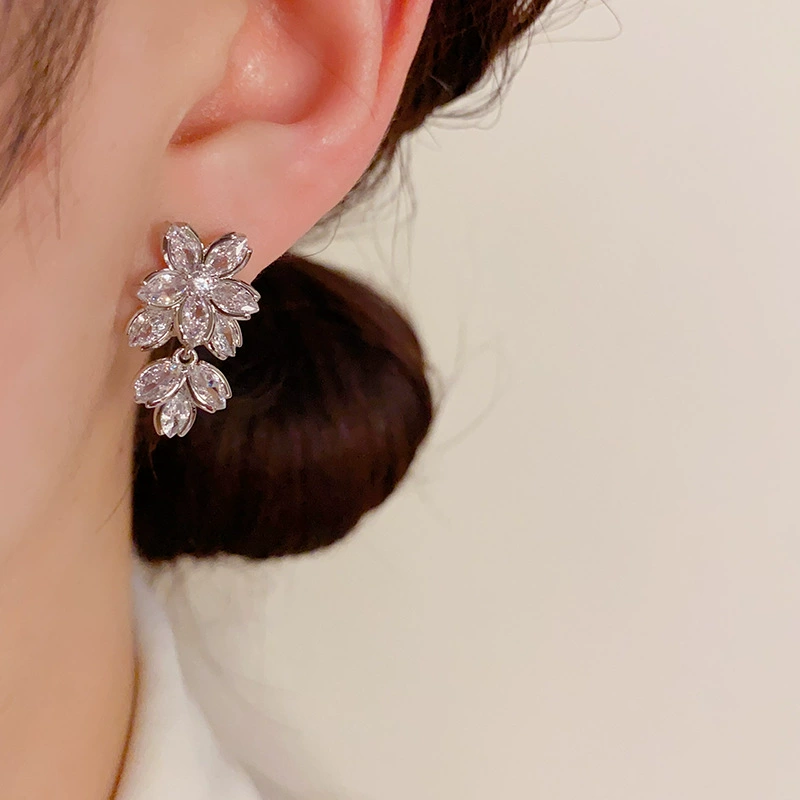 Sparkling Zirconia Cherry Blossom Dangle Earrings - Image 4