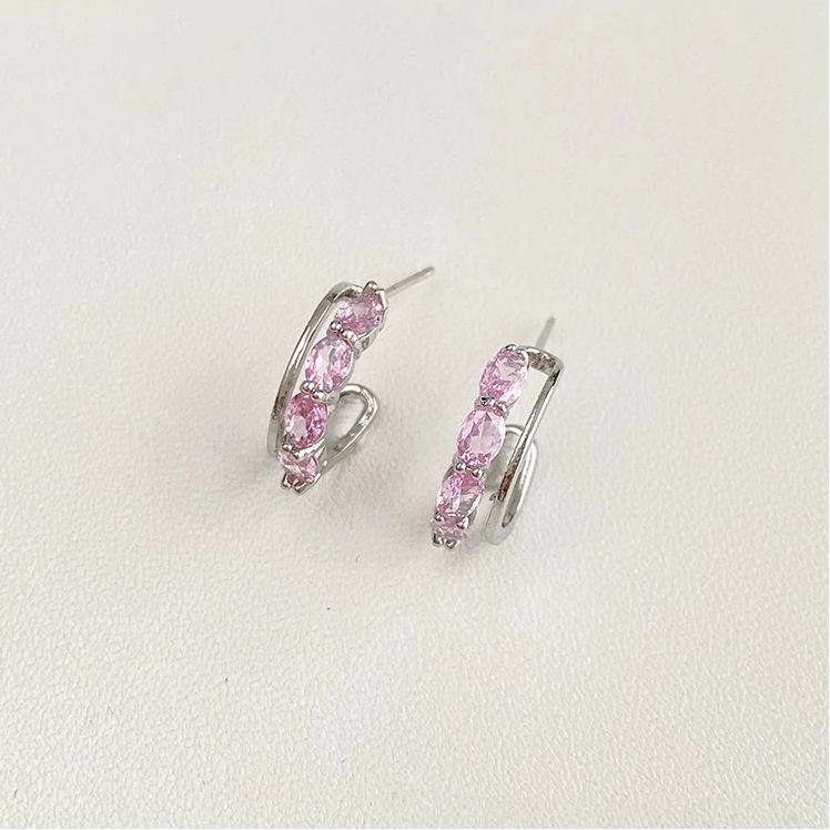 Pink Zirconia Hoop Stud Earrings 925 Silver Plated - Image 3