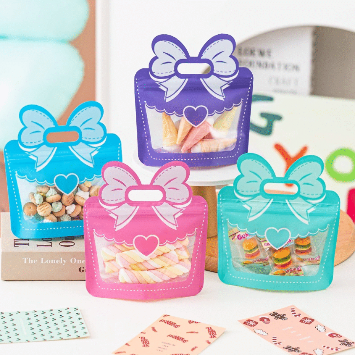 Cute Bow Handle Gift Bag Stand-Up Pouch for Kids Favors, Snacks & Toys